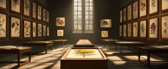 Sunlit botanical gallery with framed floral illustrations on display.