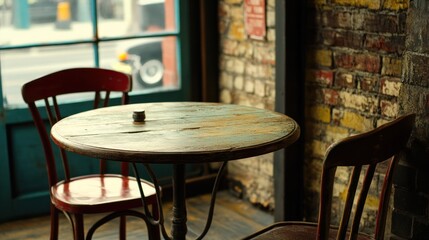 Rustic wooden table with two red chairs in a cafe near a window.