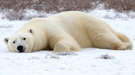 A large polar bear rests on its belly in the snow, looking directly at the camera.