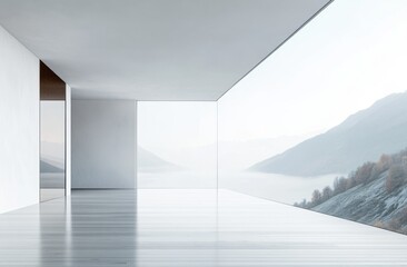 Fototapeta premium A large open room with a view of mountains. The room is white and has a glass wall