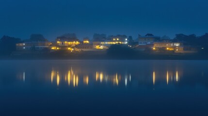 Obraz premium Night scene of village lights reflected in calm lake water with fog.