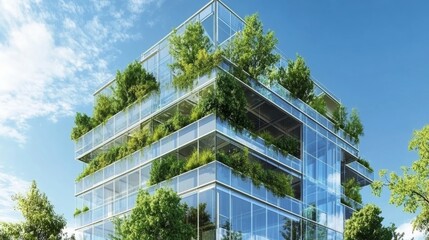 Modern glass office building with big trees around to reduce heat and carbon dioxide.   Eco-friendly building and CO2 reduction corporate building.   Sustainability concept
