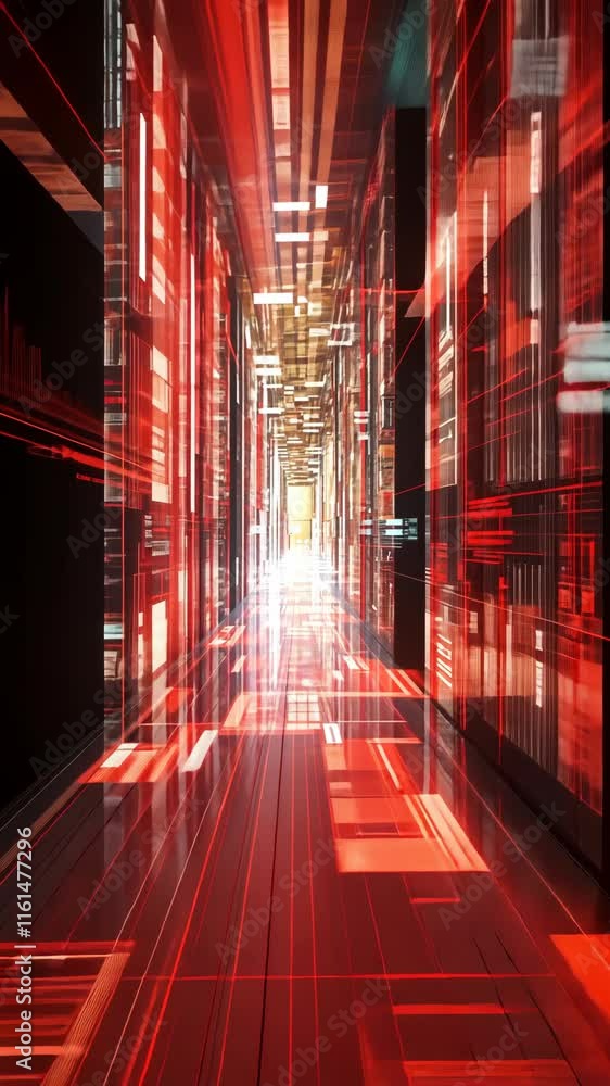 Poster digital corridor with vibrant red lighting creating a futuristic atmosphere in a virtual space