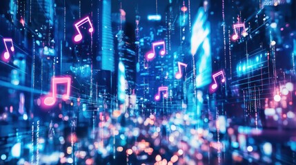 Fototapeta premium Futuristic city skyline with glowing musical notes, representing digital music streaming and urban nightlife.
