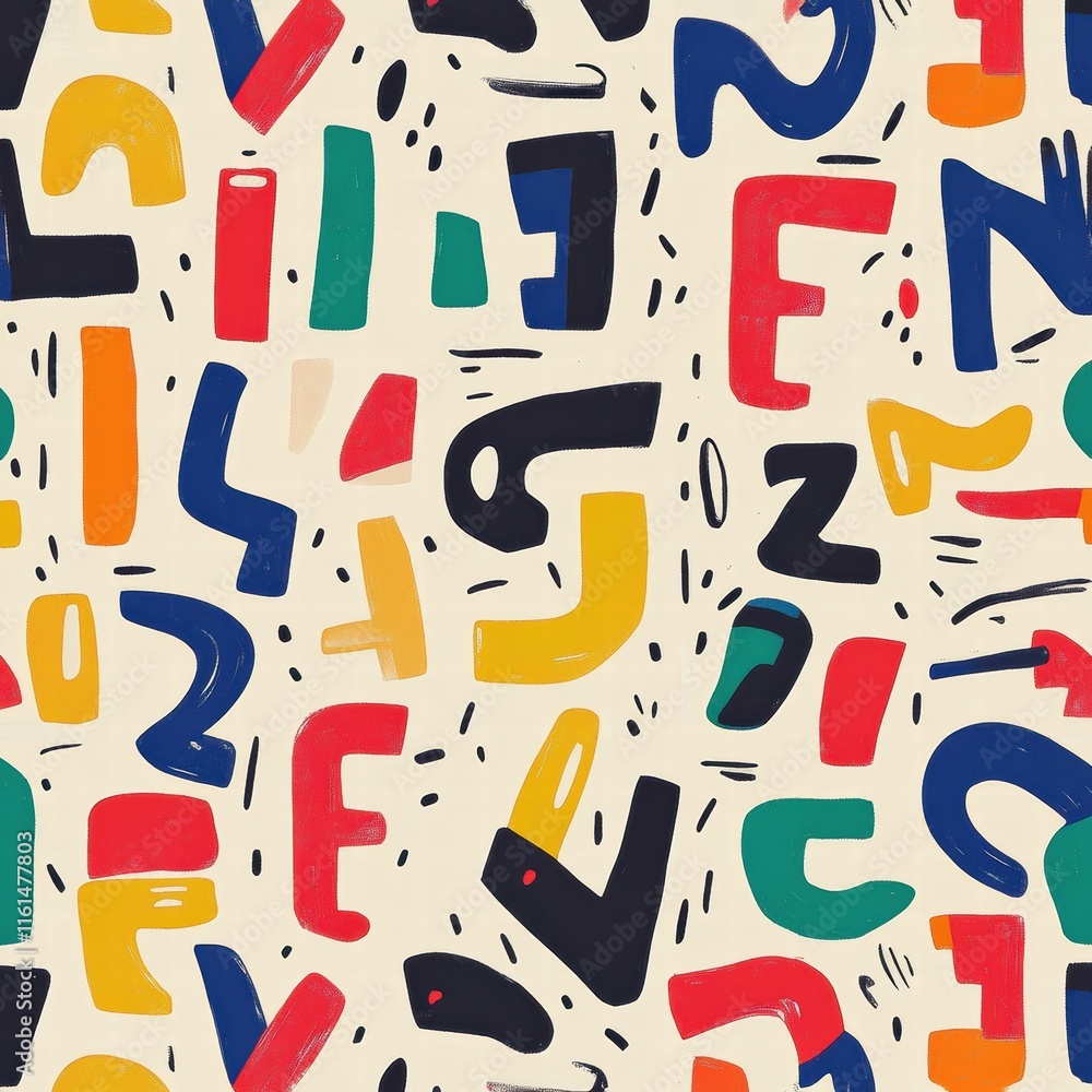 Aufkleber playful pattern featuring stylized alphabet in vibrant colors and varied shapes for creative inspira