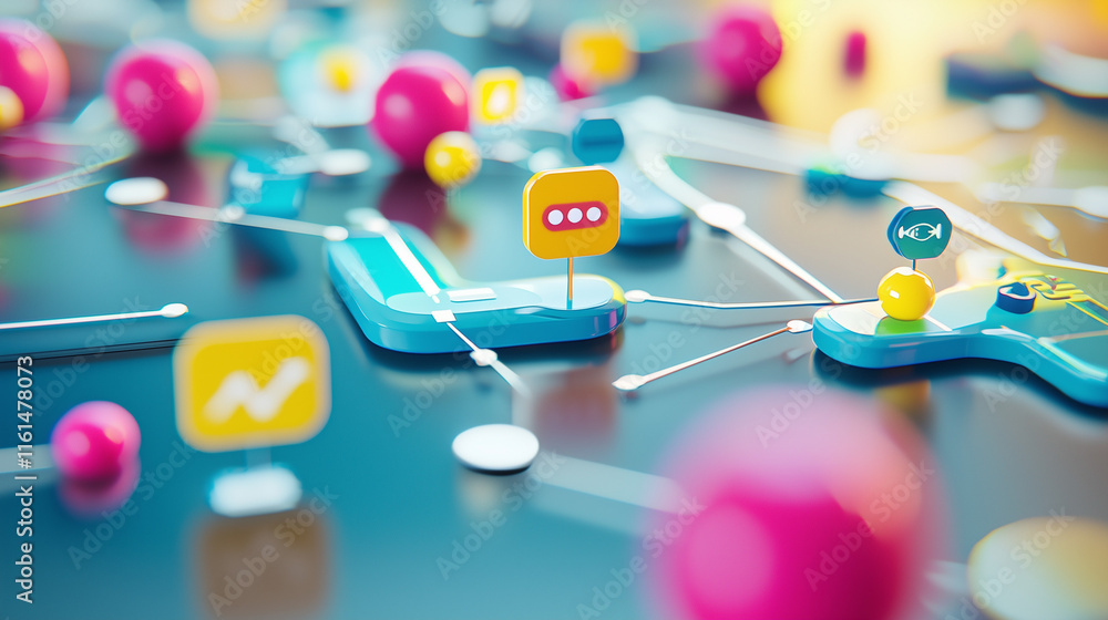 Poster abstract 3d rendering of interconnected social media icons and nodes, representing global digital co