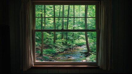 Fototapeta premium Serene forest stream viewed from a window.