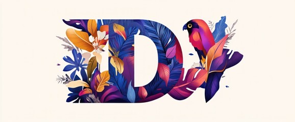 Obraz premium Floral letter ID with tropical bird.