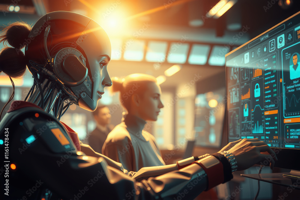 Poster humanoid robot with advanced ai technology works alongside human in futuristic office, analyzing dat