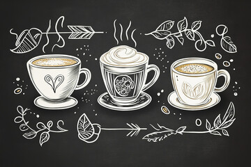 The image is a chalkboard drawing featuring three stylized coffee cups with decorative elements such as steam, leaves, and coffee beans