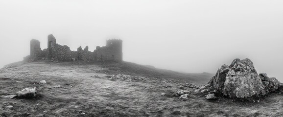 Foggy ruins of an ancient castle on a misty hilltop.