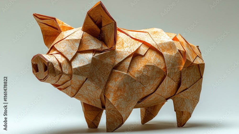 Poster crafted carefully folded paper origami piggy bank features sharp lines and elegant folds highlighted