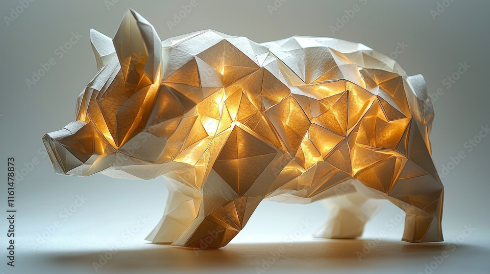 Poster delicate origami style piggy bank crafted intricately folded paper features sharp lines and textures