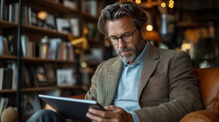 Man Reading Tablet in Library