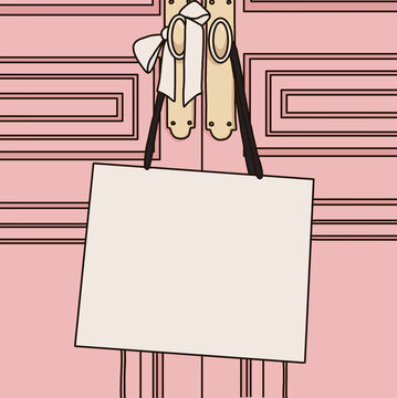 White Shopping Bag Hanging from a Golden Knob of a Pink Door