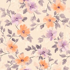 Floral pattern featuring delicate flowers in soft colors on a light background perfect for fabric design or wallpaper. Generative AI