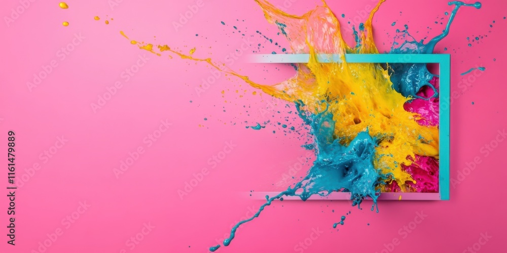 Wall mural experience a dynamic paint splash captured within a colorful frame set against a pink background
