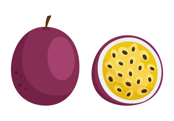 Fresh passion fruit whole and slice in flat style. Vector illustration on a white background.