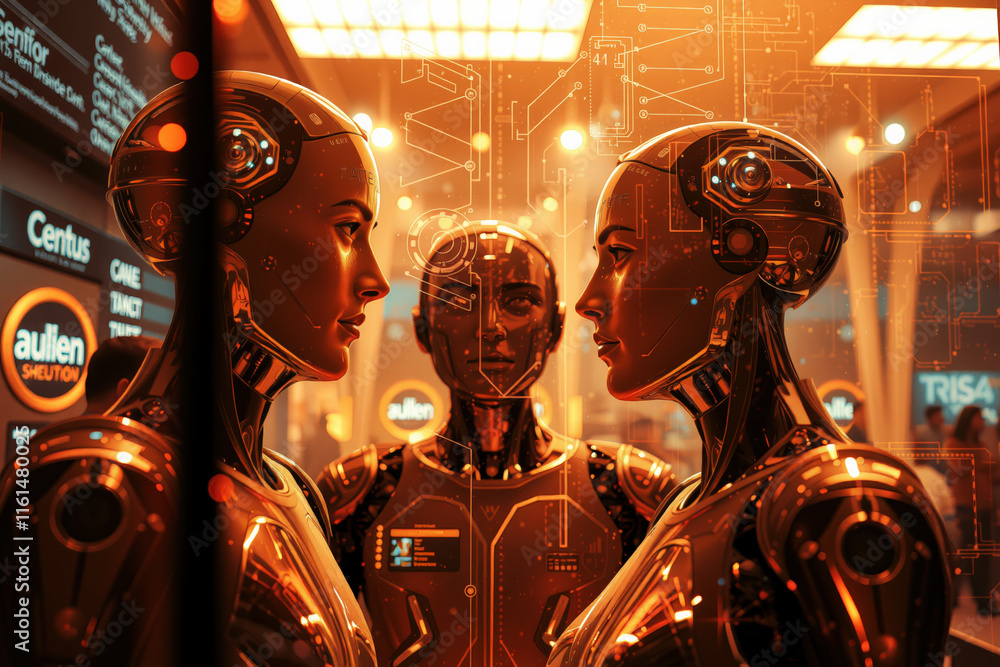 Poster futuristic humanoid robots with digital interfaces in high tech environment. scene is illuminated wi