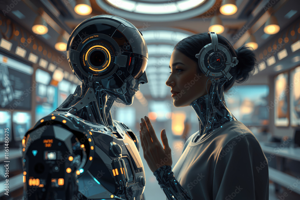 Poster woman with cybernetic enhancements interacts with humanoid robot in futuristic lab, showcasing advan