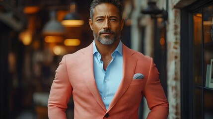 Fototapeta premium A man in a pink suit and blue shirt stands in front of a window