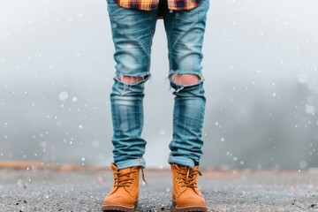 Young caucasian adult in ripped jeans and boots on a rainy day