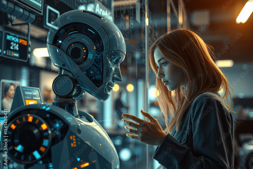 Poster woman interacts with humanoid robot in futuristic setting, surrounded by digital interfaces and glow