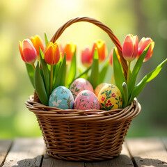 Fototapeta premium easter eggs in basket with tulips