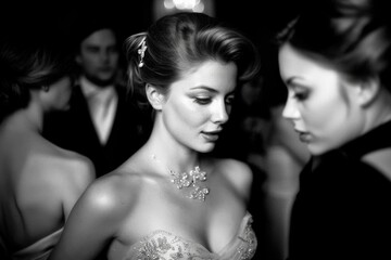 Elegant caucasian females in evening gowns at a formal event