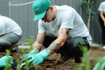 Naklejka premium Young hispanic male planting saplings in garden with tattoos and cap