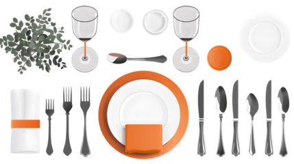 A dining setup demonstrating cutlery placement etiquette, with signs for waiter communication 