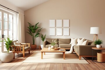 Serene Living Room Interior Design: Modern Sectional Sofa and Wooden Accents