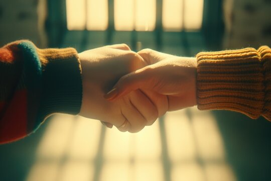 Two caucasian female hands clasping in warm sunlight inside a cozy room
