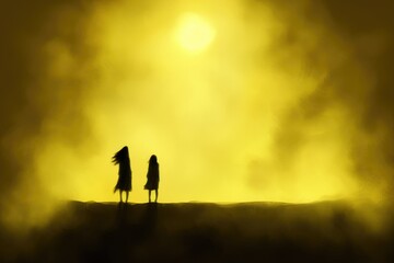 Fototapeta premium Silhouetted figures against golden sunset sky