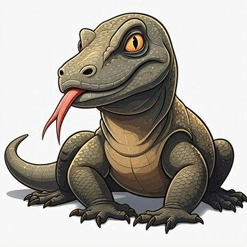Komodowaran mit graubraunen Schuppen, vollst&auml;ndige Ansicht, Cartoon-Stil, wei&szlig;er Hintergrund, Generative KI.