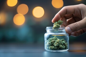 Hand holding cannabis bud over glass jar with blurred lights in background