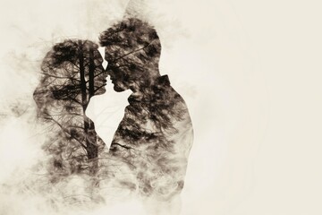 Silhouette of couple with forest overlay: romance and nature fusion