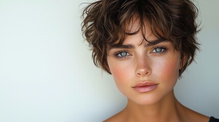 stylish portrait features woman textured pixie haircut and bold makeup highlights her striking features. clean background emphasizes her confident look perfect fashion trends.