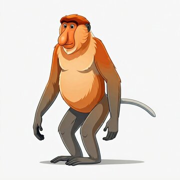 Nasenaffe mit orange-braunem Fell und markanter Nase, vollst&auml;ndige Ansicht, Cartoon-Stil, wei&szlig;er Hintergrund, Generative KI.