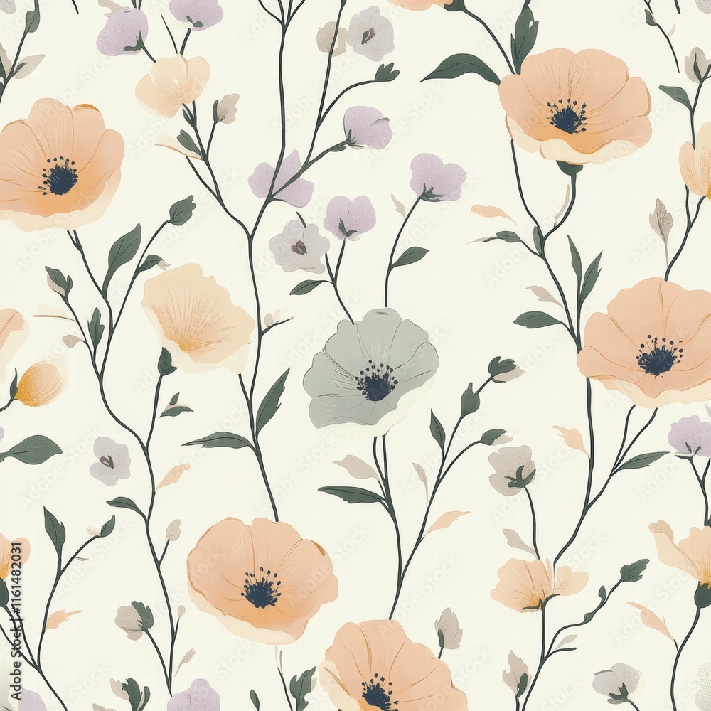 Poster delicate floral pattern featuring soft blossoms and intricate vines in a serene design. generative a