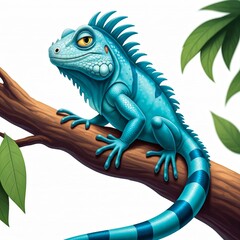 Obraz premium Blauer Leguan mit leuchtend blauen Schuppen, vollständige Ansicht, Cartoon-Stil, weißer Hintergrund, Generative KI.