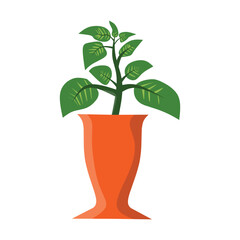 A minimalist illustration of a green plant with several leaves in an orange vase. The vase has a unique, slightly flared shape, enhancing the vibrant look, perfect for decor and botanical themes