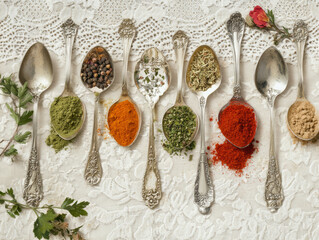 A nostalgic composition featuring spice powders in vintage silver spoons on a lace tablecloth.