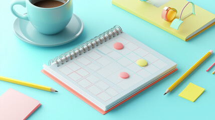 A pastelcolored desk scene shows a spiral calendar with colorcoded markers, pencils, sticky notes, a coffee cup, and notebooks. It evokes organization and planning