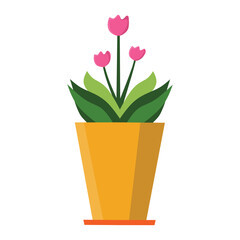 Stylized illustration of a potted plant with pink flowers in a yellow pot with an orange base. Green leaves surround the long-stemmed flowers, perfect for decorative and botanical themes.