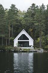 Fototapeta premium Modern house by the lake surrounded by tall trees in a tranquil setting