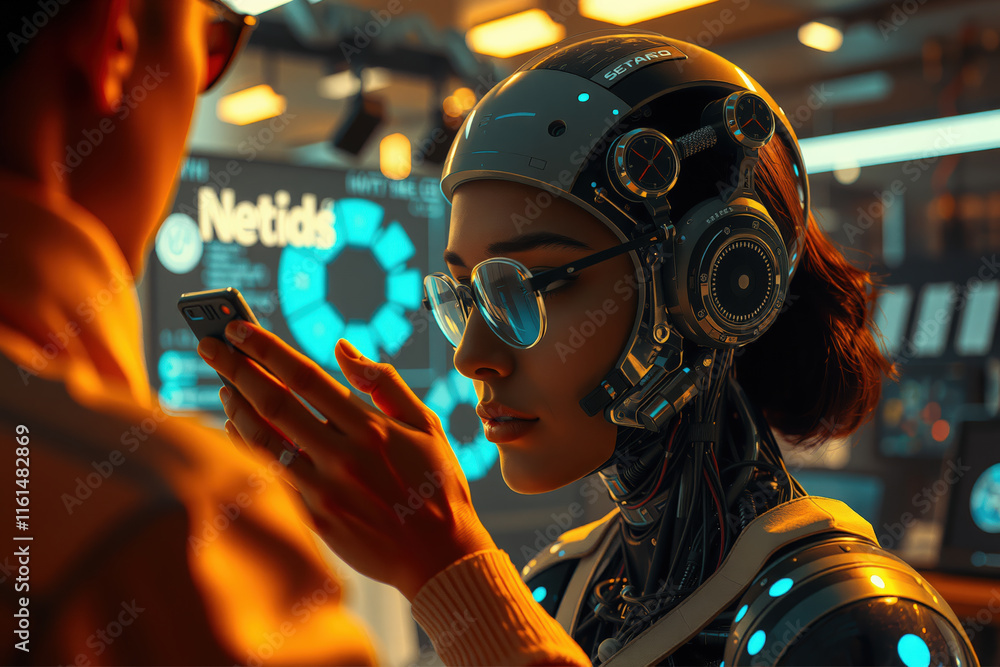 Aufkleber futuristic scene depicts humanoid robot with advanced technology interacting with person holding dev