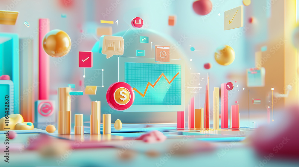 Poster abstract 3d rendering of financial data visualization. rising charts, dollar symbols, and colorful i