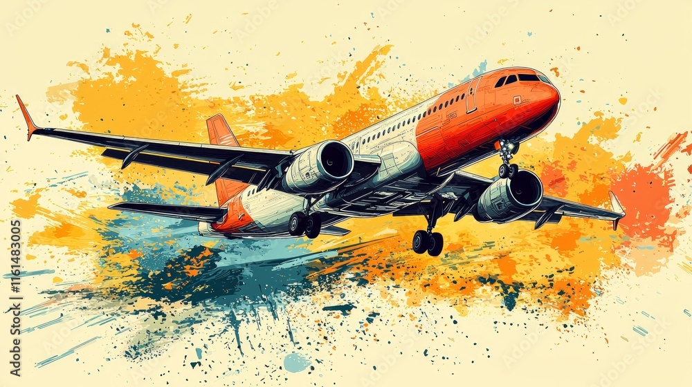 Poster art shows airplane taking subtle motion lines clean background. design features simple shapes and li