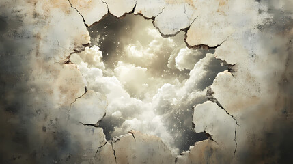 Clouds bursting through a cracked wall. Cloudburst. Illustration
